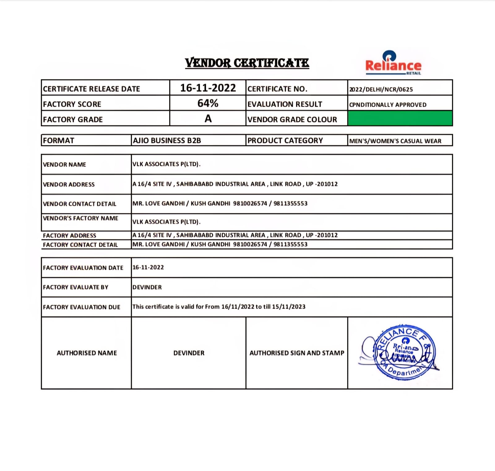Reliance Retail vendor certificate for VLK Associates
